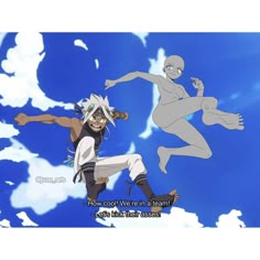 two anime characters flying through the air with one holding onto another's arm and saying, how cool we are in team?