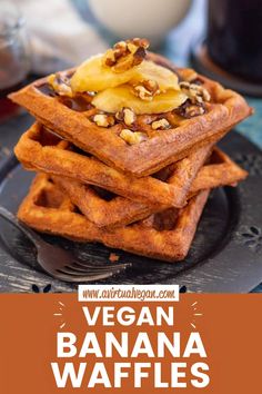 vegan banana waffles are stacked on top of each other