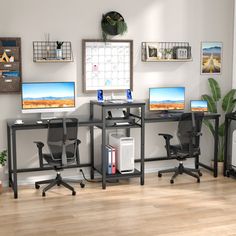 three computer desks with monitors and keyboards on them in front of a white wall