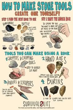 how to make stone tools poster with instructions and pictures on the front page, including hand - held tools