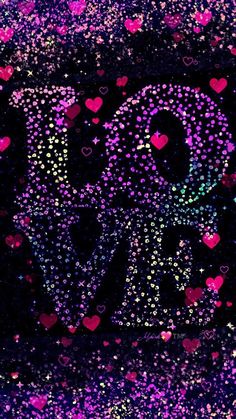 an elephant is surrounded by hearts and sparkles on a black background with pink and purple colors