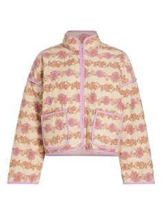 a women's jacket with floral print on the front and pink trimmings