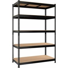 four tier shelving unit with wooden shelves on the bottom and one shelf below it