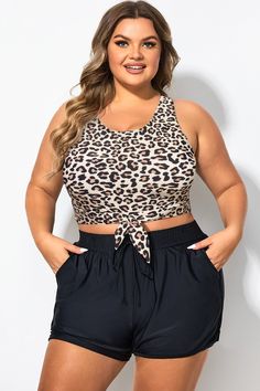 Plus Size Leopard Print Knotted Crop Bikini Top Beach Outfit For Chubby Ladies, Outfit For Chubby, Plus Size Swimsuit, Coverup Skirt, Tankini Set, Swaggy Outfits, Swimwear Outfit, Swim Dress, Dress With Cardigan