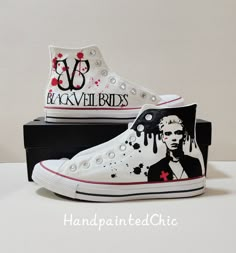 Hand painted Andy Biersack/Black Veil Brides Converse high top. Our shoes are made from 100% acrylic paint that is applied with a paintbrush, not a paint pen, to ensure water resistance and long-lasting color. Please note that each pair is made to order, so we ask that you allow up to 3 weeks for processing and shipping. If you prefer a different color or would like to customize the design with a name or other details, just send us a message . Cleaning: It's important to note that hand-painted s Black Veil Brides Bleeders, Black Veil Brides Shoes, Black Lace-up Converse Custom Sneakers, Converse Drawing On Shoes Emo, Black Veil Brides Logo, Bride Converse, Personalized Shoes, Custom Converse, Veil Brides