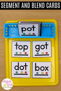 a yellow tray with two matching cards on it and the words, segment and blend cards