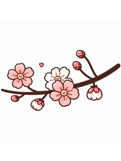 a branch with pink flowers on it and hearts in the middle is drawn by hand