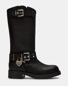 Upgrade your footwear game with the KEEPER moto boots. The unique buckle and heart charm detail adds a touch of edginess to these functional boots. Complete with a rounded toe, these boots are the perfect balance of style and comfort. 1.25 inch heel height 14 inch shaft circumference 11 inch shaft height Leather upper material Synthetic lining Synthetic sock Synthetic sole Fit tip: If you are in between sizes, size up a half-size Imported Steve Madden Moto Boots, Movie Outfits, Black Moto Boots, Movies Outfit, Low Boots, Leather Moto, Flat Boots, Moto Boots, Shoe Game