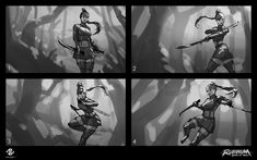 four different views of a woman in armor holding two swords and aiming at the viewer