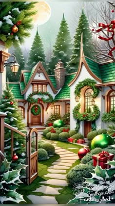 a christmas scene with a house and trees