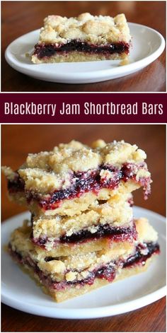 blackberry jam shortbread bars are stacked on top of each other and ready to be eaten