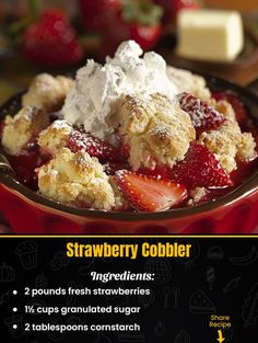 strawberry cobbler ingredients in a red bowl with strawberries and whipped cream on top