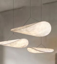 three suspended lights hanging from the ceiling in a room