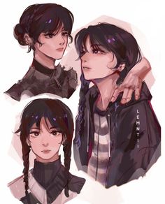 three different pictures of two people with black hair and one is wearing a leather jacket