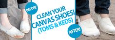 two people standing next to each other wearing slippers and clogging their shoes with the words clean your canvas shoes toms & kees