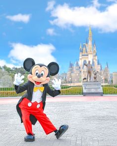 a mickey mouse mascot in front of a castle