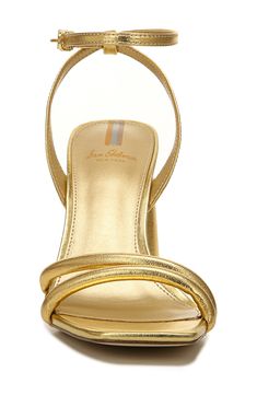 Delicate straps frame this alluring, sky-high sandal that's party-ready with a flirty buckle closure at the ankle. 4" heel (size 8.5) Open toe Adjustable ankle strap with buckle closure Leather or synthetic upper/leather lining/synthetic sole Imported | Sam Edelman Kia Ankle Strap Sandal Gold Slingback Sandals With Single Toe Strap For Party, Gold Slingback Sandals With Wrapped Heel, Gold Slingback Sandals With Heel And Toe Strap, Party Slingback Sandals With Heel Loop, Gold Strap Sandals For Evening, Wrapped Heel Ankle Strap Slingback Sandals, Ankle Strap Slingback Sandals With Padded Heel, Gold Slingback Sandals With Open Heel, Party Slingback Sandals With Heel And Single Toe Strap