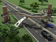 an artist's rendering of a pedestrian bridge over a road with cars on it