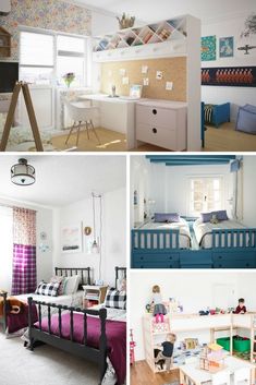 kids'bedroom with blue and white furniture, bookshelves, desks and bed