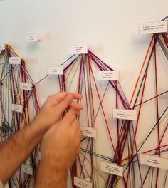 a man is working on an art project with colored wires attached to the wall behind him