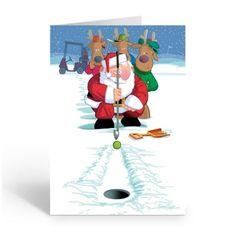 a christmas card with santa claus and reindeers playing golf in the snow on a snowy day