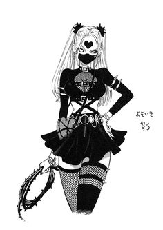 a black and white drawing of a woman in a cosplay outfit holding a tennis racquet