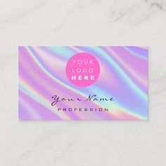 a business card with a pink circle on the front and blue, purple, and green swirled background