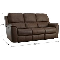 a brown leather reclining sofa with measurements