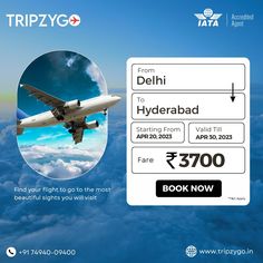 an advertisement for the tripzygo flight from delhi to hyderabad