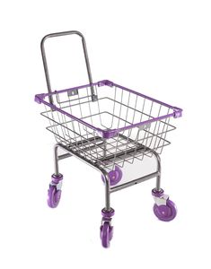 a purple shopping basket with wheels on a white background