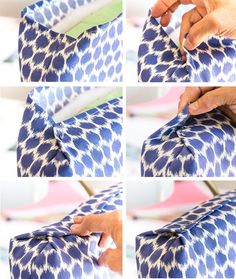 four pictures showing how to fold an upholstered pillow