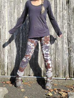 "Cool Earthy Tie Dye Leggings, XS-2XL Dark Earthy Colors, Hippie Tie-Dye Leggings, Boho Leggings, Custom Dyed, Festival Tights, Plus Curvy Style Color Combo Name: TREE BARK brown-grey Please note that although I am a size small, these leggings on me are a size LARGE! They don't fit tight on me. XS, M, L, XL, 2XL, 3XL Approximate Measurements; Waistband across: 11½\", 12\", 13\", 14\", 15\", 16\", 17\" Inseam: 26½\", 26½\", 27\", 27\", 27\", 27\", 28\" Fabric: 92% Cotton 8% spandex - feels great and has a really good stretch! Machine Wash & Dry Made in the USA Pre-Shrunk; All garments have been washed & dried in the coloring process. Each piece is hand-dyed individually! Although I use the same fabric dyes, the result is always unique and one of a kind! INTERNATIONAL BUYERS: Please note tha Silk Leggings, Name Tree, Boho Leggings, Organic Cotton Leggings, Tie Dye Maxi Skirt, Ruched Leggings, Tie Dye Scarves, Tie Dye Rainbow, Curvy Style