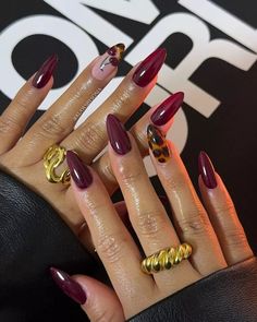 Burgundy And Leopard Nails, Dark Red Nail Designs Burgundy, Red Nails With Cherry, Dark Nail Art Designs, Wine Red Nails Designs, Burgundy Nails With Design, Dark Nail Art, Red Chrome Nails, Red And Gold Nails