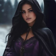 a woman with long hair wearing a purple dress and black cloak over her head, standing in the snow