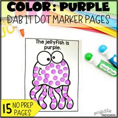 the jellyfish is purple coloring page with markers and crayon pencils next to it