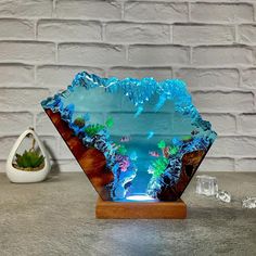 a glass bowl sitting on top of a table next to a potted succulent