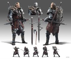 some knights with swords and armor standing next to each other on a white background,