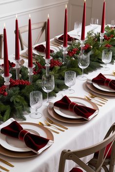 Create a stunning Christmas dining table that exudes elegance and warmth! This beautifully arranged table setting features lush evergreen garlands, deep red candles, and berry accents that bring a festive yet sophisticated look. Gold flatware and white linens with delicate red ribbon ties add a refined touch, making this Christmas dinner table perfect for an unforgettable holiday gathering. Whether you're hosting family or friends, this decor idea will elevate your Christmas table setting. Get inspired to make your holiday dinner table both beautiful and memorable this season! Burgundy Christmas Table, Paint Color Guide, Burgundy Christmas, Holiday Dinner Table, White Linens