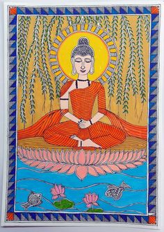 an image of buddha sitting in the lotus position on top of a body of water