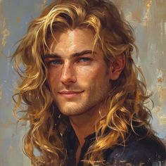 a painting of a man with long blonde hair and blue eyes wearing a black shirt