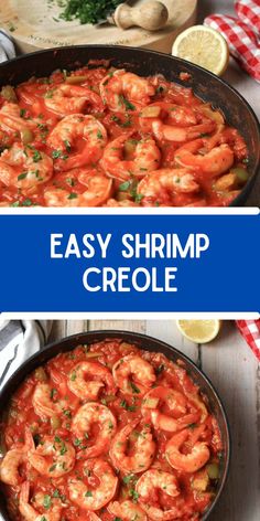 two images showing shrimp and tomato sauce in a skillet, with the words easy shrimp cr