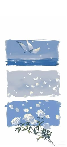 three different pictures with one bird flying over the water and two white flowers in front of it