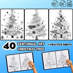 four christmas tree coloring pages for adults and children to print on the same sheet as shown below