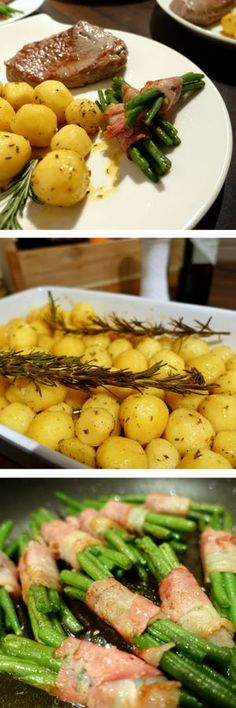 four different pictures of food on plates and in bowls, including potatoes, asparagus, and steak