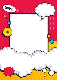 an empty sign surrounded by clouds on a red and yellow background with speech bubbles above it