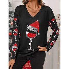 Category:Long Sleeve T-shirt; Season:Fall,Winter; Fabric:Polyester; Sleeve Length:Long Sleeve; Look After Me:Machine wash; Gender:Women's; Theme:Christmas Shirt; Style:Casual,Fashion,Modern; Elasticity:Micro-elastic; Tops Type:T shirt; Occasion:Daily,Christmas,Weekend; Top Length:Regular; Fit Type:Regular Fit; Pattern:Ugly Christmas,Wine Glass; Design:Print; Neckline:Crew Neck; Brand:Shall We; Listing Date:10/17/2024 Hat Print, Christmas Tops, Winter Fabric, Weekend Style, Christmas Women, Santa Hat, Christmas Shirt, Christmas Tshirts, Tshirts Online