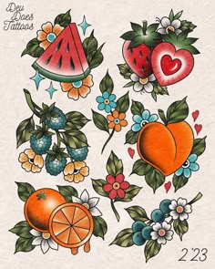 an old school tattoo design with fruit and flowers