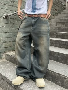 Men's Casual Distressed Wide Leg Baggy Jeans Blue    Denim Plain Wide Leg Non-Stretch  Men Clothing, size features are:Bust: ,Length: ,Sleeve Length: Mega Base Minecraft, Shein Outfits Men, Mega Base, Baggy Pants Men, Dressing Men, Outfits For Him, Grunge Pants, Custom Pants, Outfits Men Streetwear