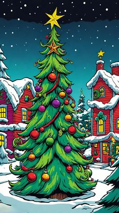 a cartoon christmas tree in front of a snow covered village with houses and stars on it