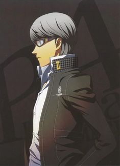 an anime character is standing in front of a black background with white hair and glasses